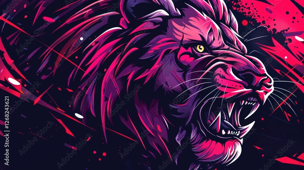 Vivid digital illustration of a roaring lion with striking colors and dynamic background elements Vivid digital illustration of a roaring lion with striking colors and dynamic background elements