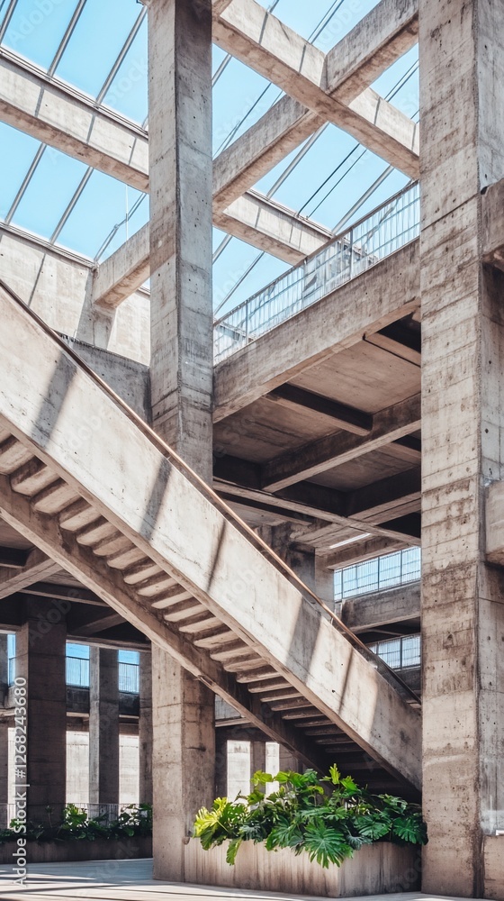 Fototapeta premium Concrete building interior, stairs, sunlight, plants. Architectural design