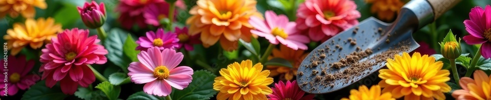 Close-up of vibrant flowers and gardening trowel, blossom, plants, gardening Close-up of vibrant flowers and gardening trowel, blossom, plants, gardening
