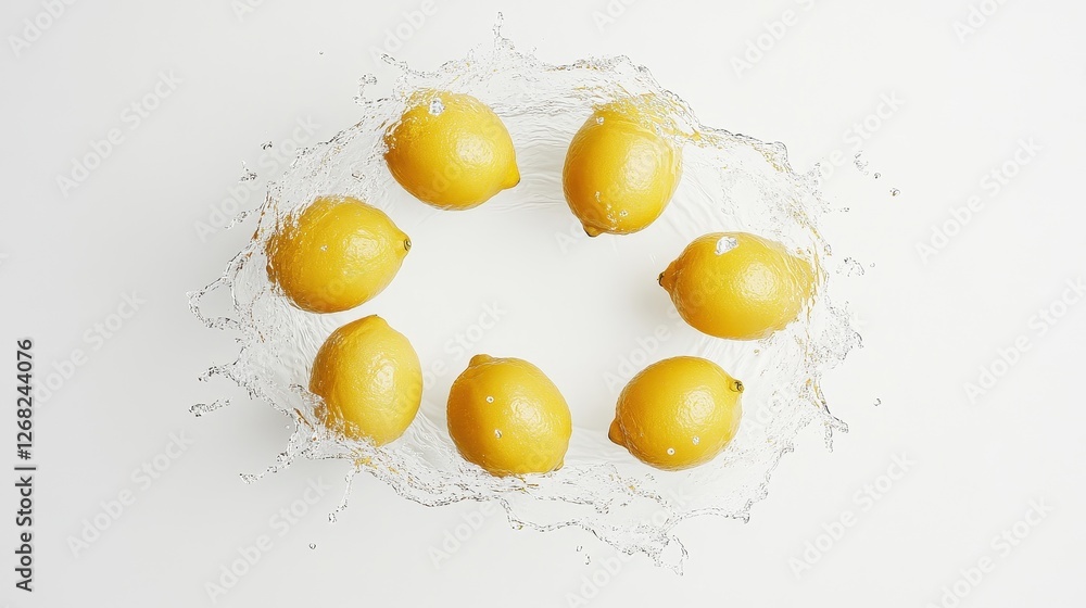 Whole lemons levitating with splashing water encircling them, set on a minimalist white background, providing copy space. Whole lemons levitating with splashing water encircling them, set on a minimalist white background, providing copy space.