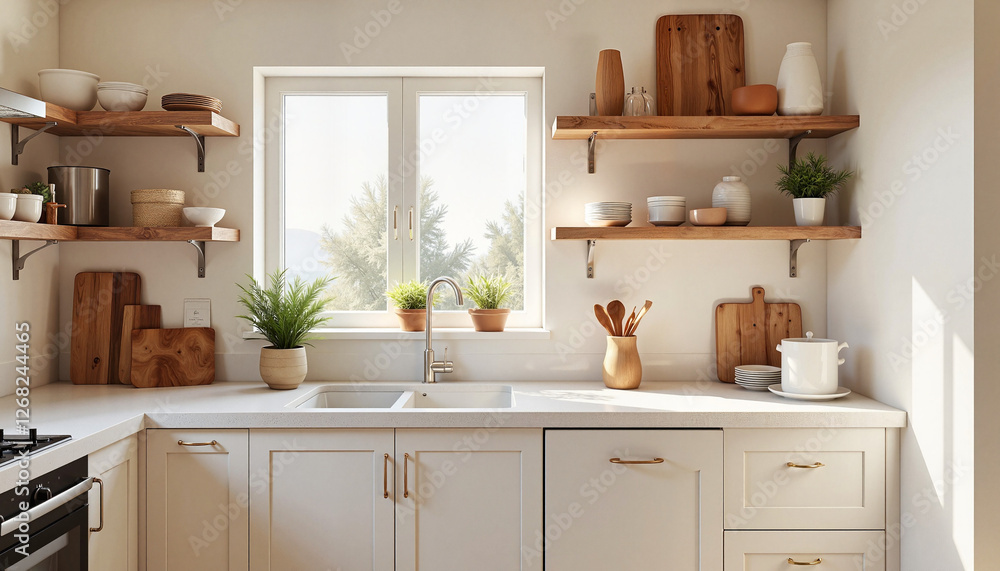 Fototapeta premium Modern kitchen interior with plants and natural lighting