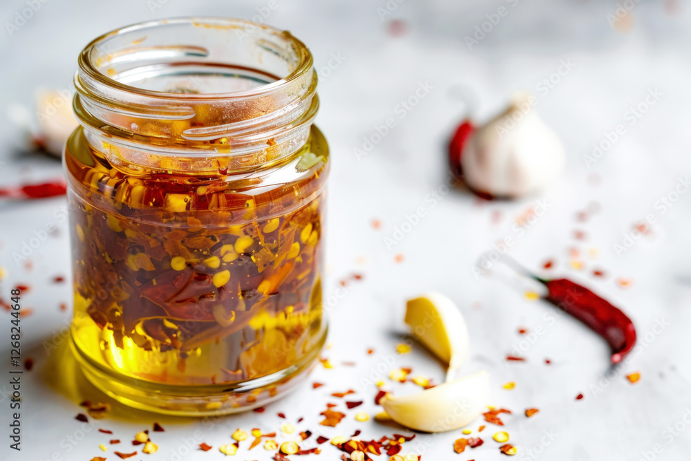 Rustic Jar of Homemade Chili Oil with Red Pepper Flakes and Crunchy Garlic Clove on Grey Concrete Background, Copy Space Rustic Jar of Homemade Chili Oil with Red Pepper Flakes and Crunchy Garlic Clove on Grey Concrete Background, Copy Space