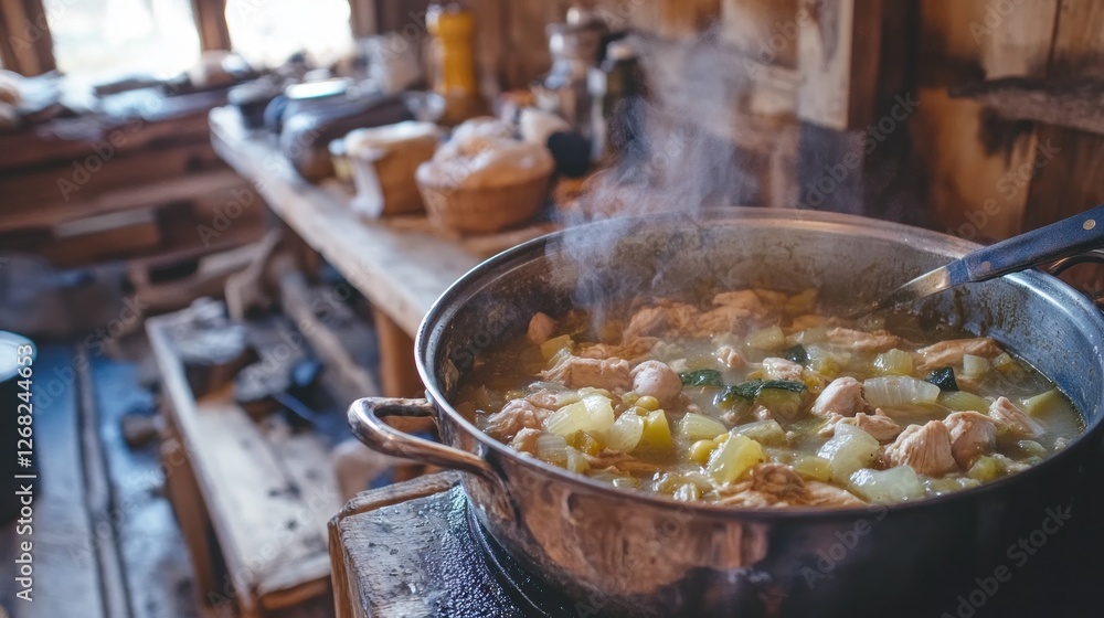 Rustic Cabin Cooking: A Hearty Stew Simmering on a Wood Stove Rustic Cabin Cooking: A Hearty Stew Simmering on a Wood Stove