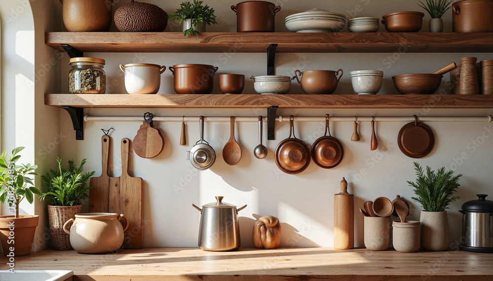 Stylish kitchen shelves with pots, plants, and utensils Stylish kitchen shelves with pots, plants, and utensils