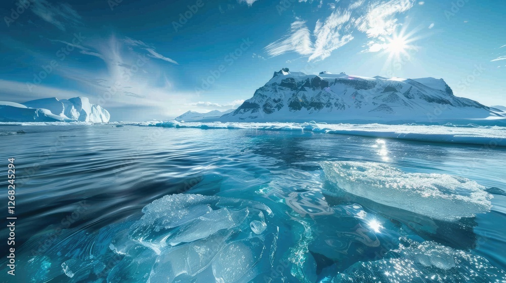 Fototapeta premium Serene Arctic Landscape with Icebergs and Glacial Waters Under a Bright Sunlight in a Tranquil Atmosphere
