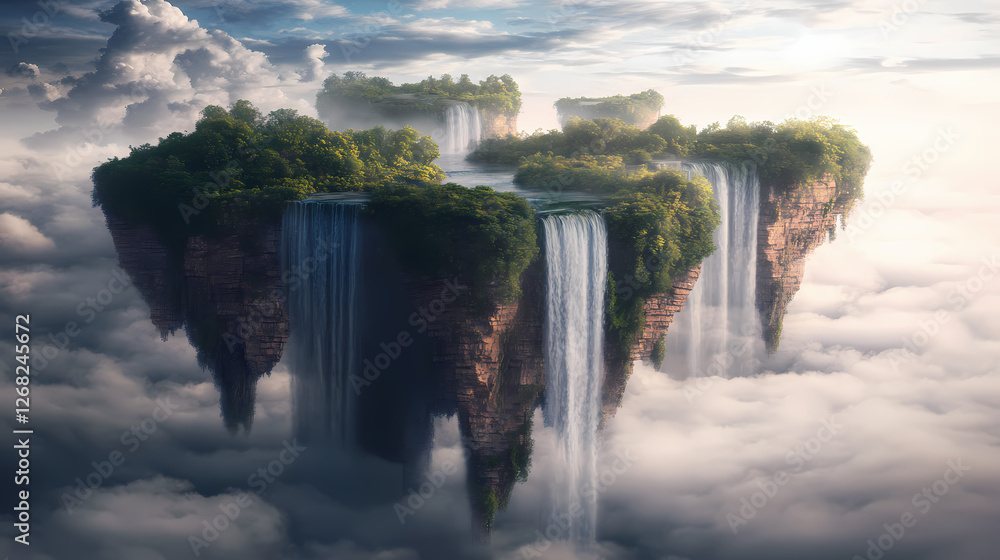 Fototapeta premium Surreal floating islands with gravity-defying waterfalls. Gravity-Defying Rivers. Illustration