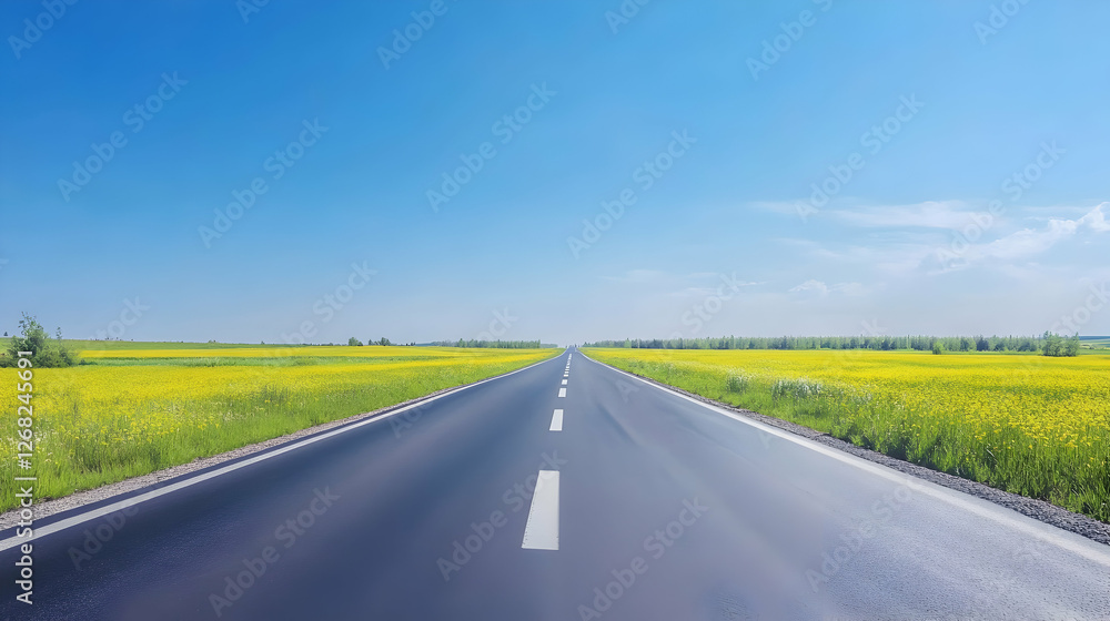 Open road through yellow field, summer journey Open road through yellow field, summer journey