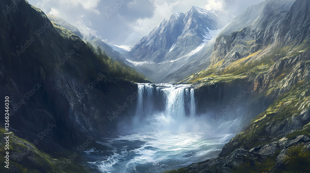 Upward flowing waterfall in mountainous landscape. Gravity-Defying Rivers. Illustration Upward flowing waterfall in mountainous landscape. Gravity-Defying Rivers. Illustration