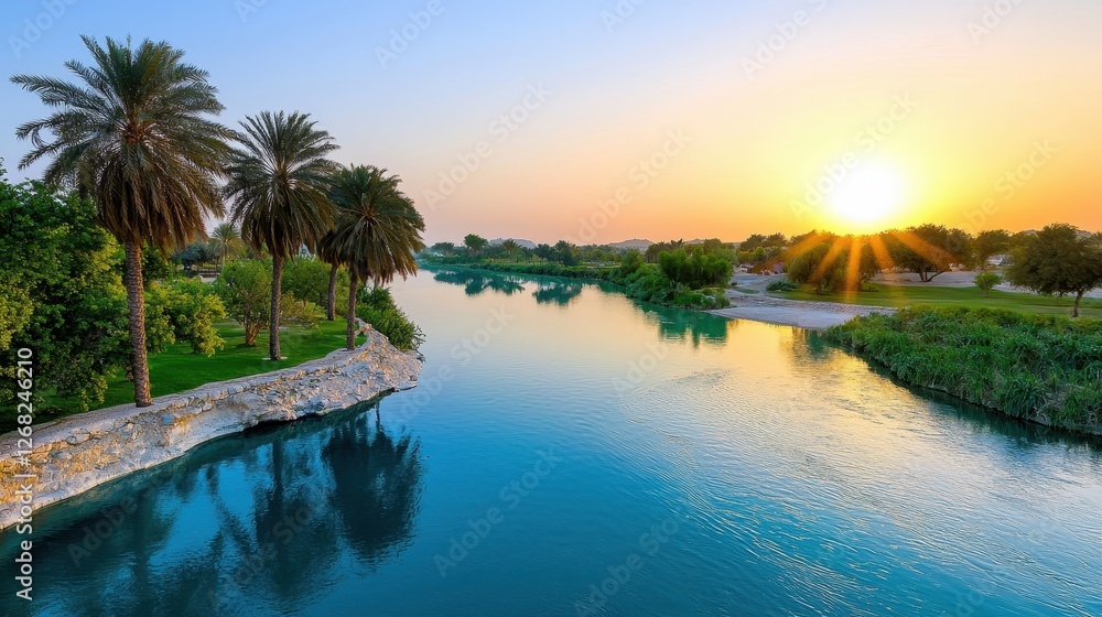 Serene Sunset Over Palm Trees and River Serene Sunset Over Palm Trees and River