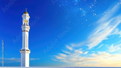 Tall white minaret stands against a bright celestial sky