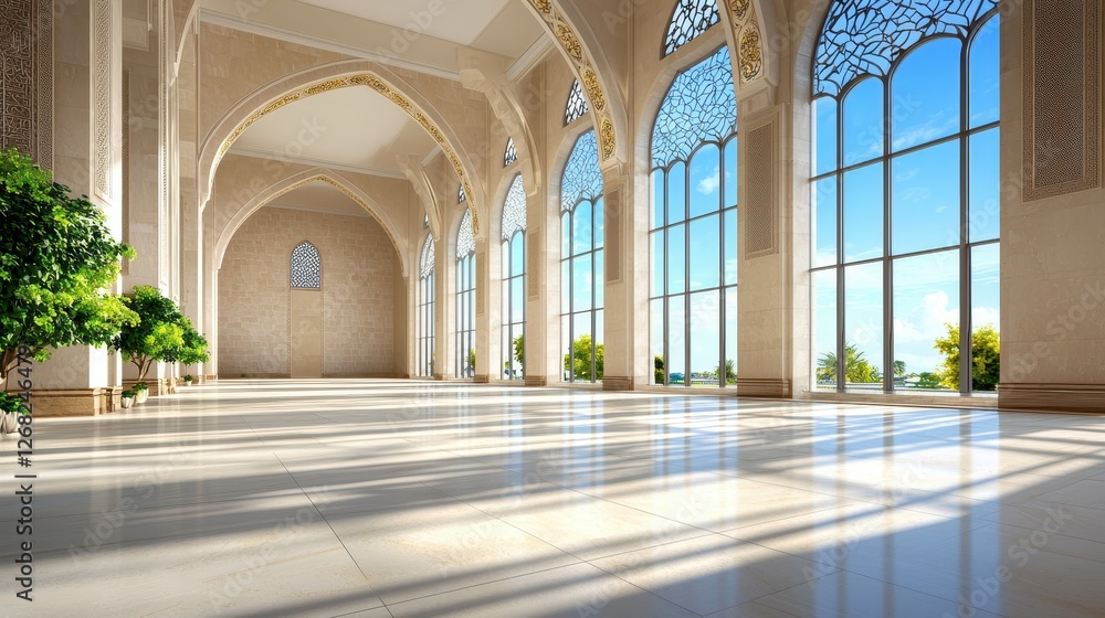 Fototapeta premium Sunlit Mosque Interior with Expansive Windows and Elegant Arches