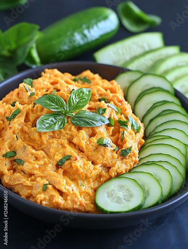 Sun-dried Tomato Basil Dip with Cucumber: A vibrant and flavorful spread of creamy sun-dried tomato basil dip, adorned with fresh cucumber slices.