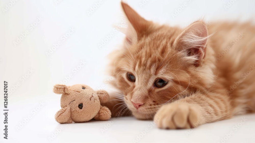 Obraz premium A playful ginger cat curiously gazes at a small plush toy on a clean, bright surface in a cozy indoor setting