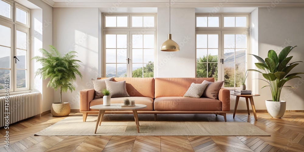 Minimalist Peach Sofa Living Room Interior Design - Light Wood Floors & White Walls Minimalist Peach Sofa Living Room Interior Design - Light Wood Floors & White Walls