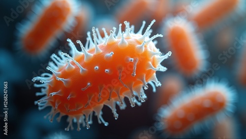 Close-up of rod-shaped Salmonella typhi bacteria: gram-negative, flagellated pathogens causing typhoid fever and systemic infections photo