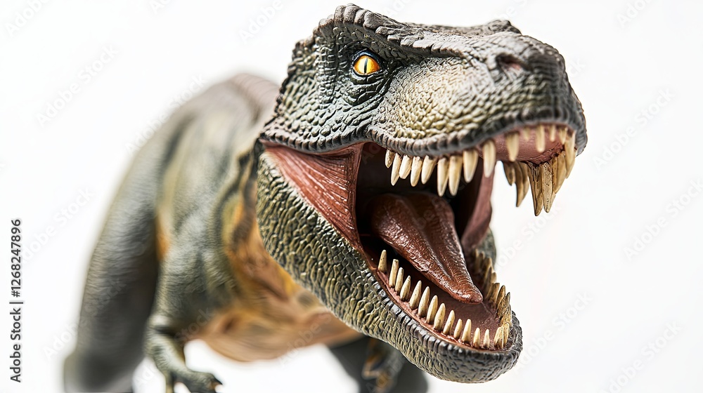 Obraz premium Close-up of a menacing T-Rex figurine with sharp teeth, embodying raw power and primal fear.