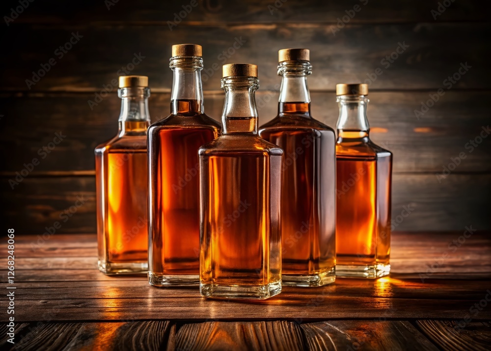 Minimalist Still Life: Four Amber Whiskey Bottles on Dark Wood Minimalist Still Life: Four Amber Whiskey Bottles on Dark Wood