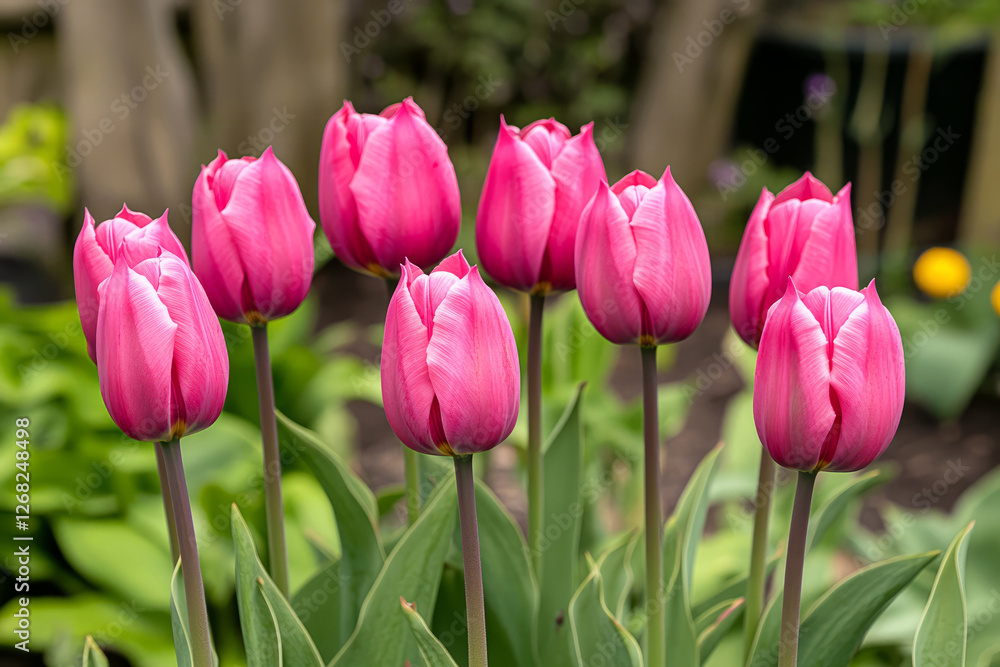 Fototapeta premium vibrant pink tulips blooming in a lush spring garden, fresh floral beauty with delicate petals and green foliage