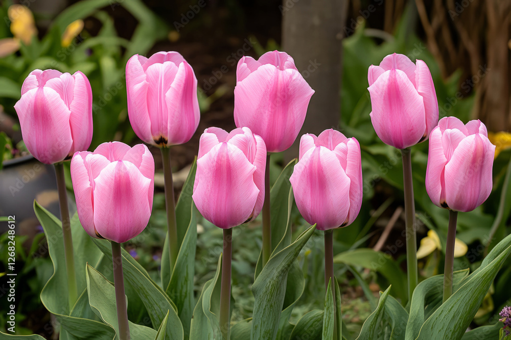 vibrant pink tulips blooming in a lush spring garden, fresh floral beauty with delicate petals and green foliage vibrant pink tulips blooming in a lush spring garden, fresh floral beauty with delicate petals and green foliage