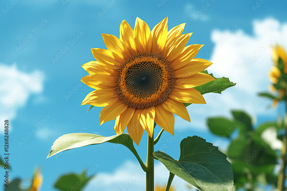 bright sunflower in full bloom against a clear blue sky, vibrant summer nature scene with warm sunlight and lush green leaves bright sunflower in full bloom against a clear blue sky, vibrant summer nature scene with warm sunlight and lush green leaves