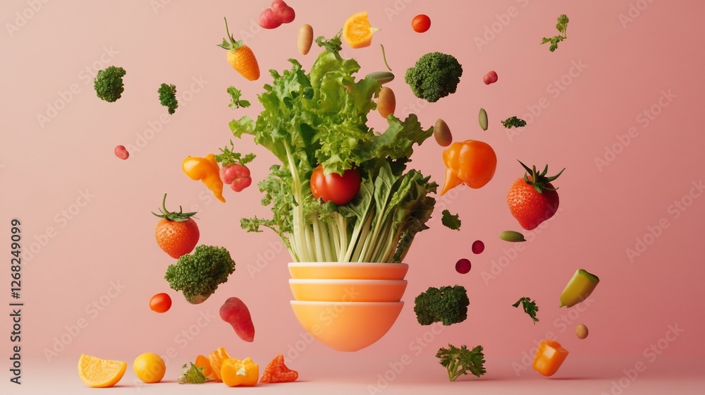 Fresh produce arranged in a whimsical floating display against pink background Fresh produce arranged in a whimsical floating display against pink background