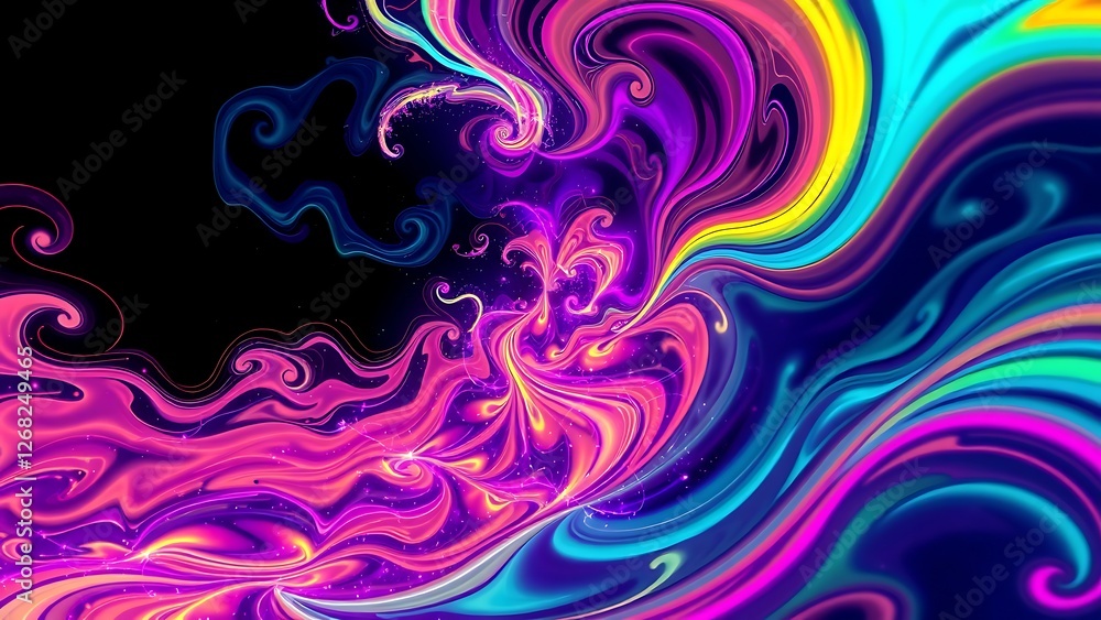 vibrant and colorful abstract painting on black background, composed of variety colors, including blues, greens, yellows, pinks, creating mesmerizing vibrant and colorful abstract painting on black background, composed of variety colors, including blues, greens, yellows, pinks, creating mesmerizing