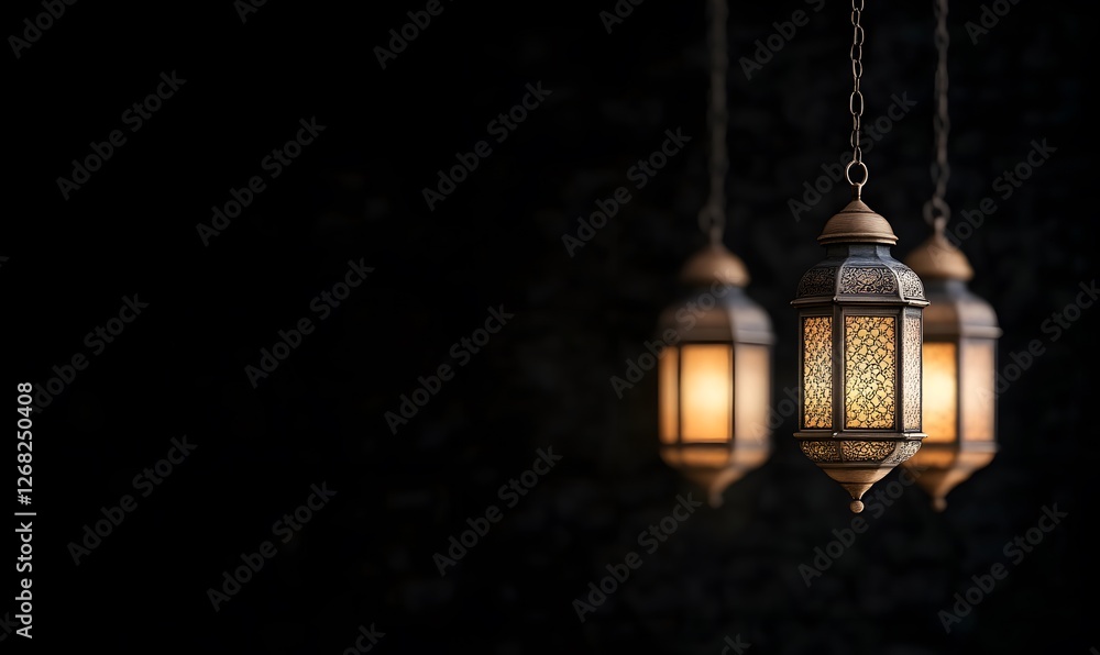 Elegant golden Arabic lanterns hanging from decorative chains, Generative AI Elegant golden Arabic lanterns hanging from decorative chains, Generative AI