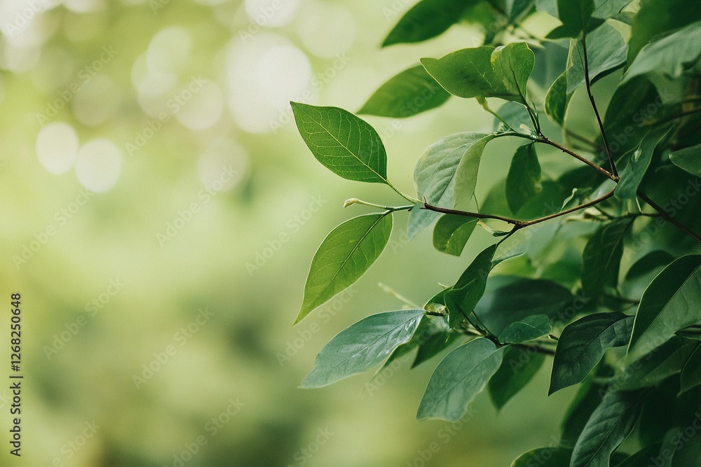 Obraz premium Green leaves gently swaying in the soft sunlight of a serene forest backdrop during the day