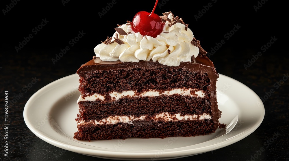 A slice of Black Forest cake, topped with fresh cherries and a generous amount of whipped cream. The rich layers of chocolate cake and cream contrast beautifully A slice of Black Forest cake, topped with fresh cherries and a generous amount of whipped cream. The rich layers of chocolate cake and cream contrast beautifully