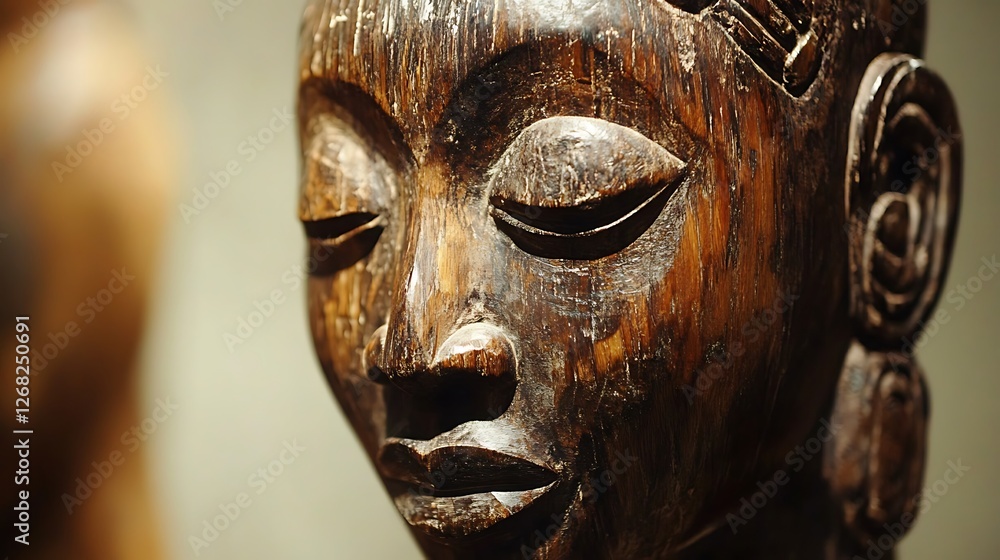 Serene Wooden Sculpture: A Close-Up of an African Tribal Mask Serene Wooden Sculpture: A Close-Up of an African Tribal Mask