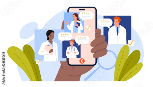 Choose doctor online, best medical staff search in mobile app, telemedicine. Hand holding smartphone to read comments of patients feedback, compare and analyze opinion cartoon vector illustration