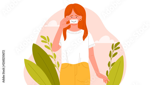 A cheerful young woman with vibrant red hair is happily using her smartphone among an array of lush green plants, creating a serene atmosphere that is filled with soft pastel colors and joyful energy