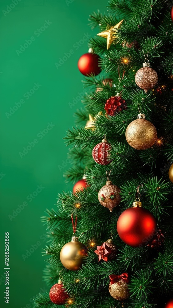 Decorated evergreen tree with ornaments shining on a festive green background, decorations, ornaments, evergreen Decorated evergreen tree with ornaments shining on a festive green background, decorations, ornaments, evergreen