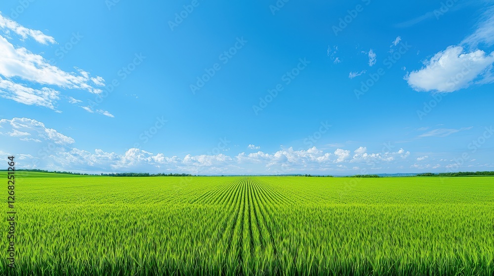 Obraz premium Lush Green Wheat Field Under a Blue Sky
