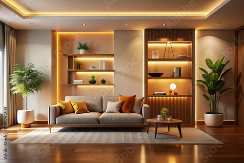 Modern Minimalist Interior Design  Illuminated Niche Wall Feature  Cozy Living Room