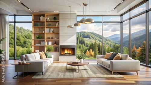 Modern minimalist living room with fireplace  sofa  shelves   large window - stock photo