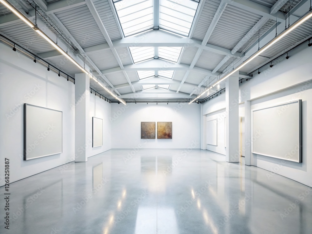 Modern White Art Gallery Interior: Empty Canvas Mockup for Exhibition Modern White Art Gallery Interior: Empty Canvas Mockup for Exhibition