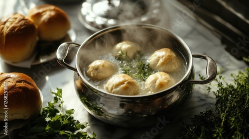 Aromatic Steaming Matzah Balls in a Silver Pot, Kitchen Delights photo