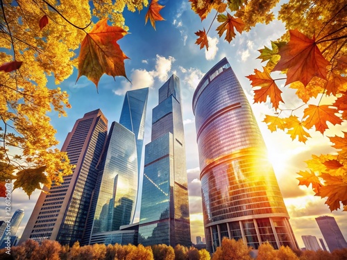 Moscow Cityscape Double Exposure: Modern Skyscrapers & Autumn Leaves, Russia