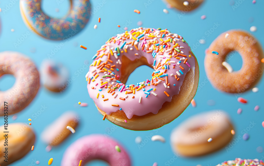 Pink donuts falling down with colorful sprinkles on blue background Pink donuts falling down with colorful sprinkles on blue background