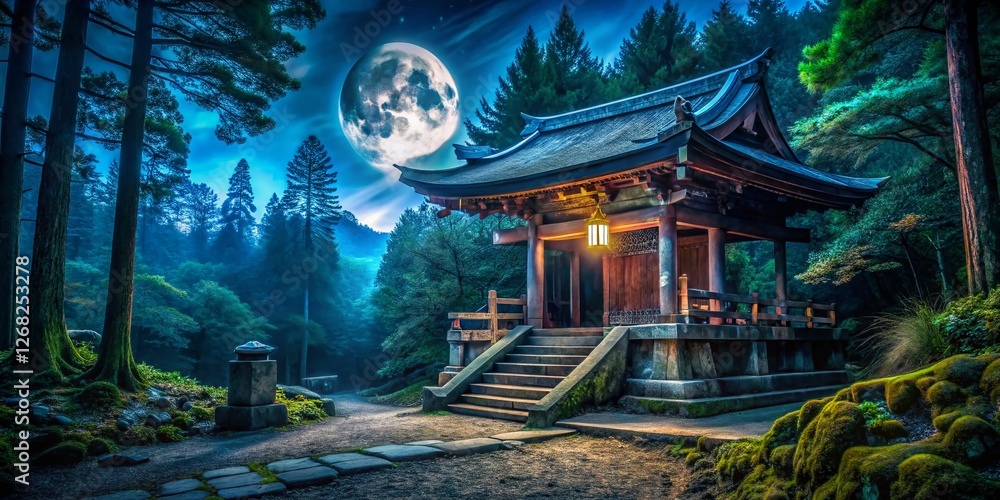Obraz premium Mysterious Moonlit Shrine: Urban Exploration of a Forgotten Japanese Temple