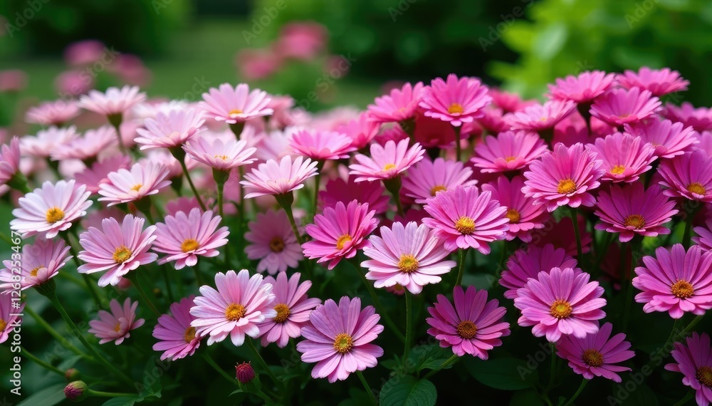 Densely packed perennial flowers in shades of pink, purple and white, against a green garden backdrop, flowers, garden features, perennials Densely packed perennial flowers in shades of pink, purple and white, against a green garden backdrop, flowers, garden features, perennials