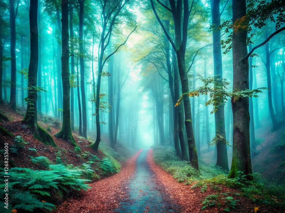 Obraz premium Mystical Forest Path: Turquoise Mist, Drone Aerial View