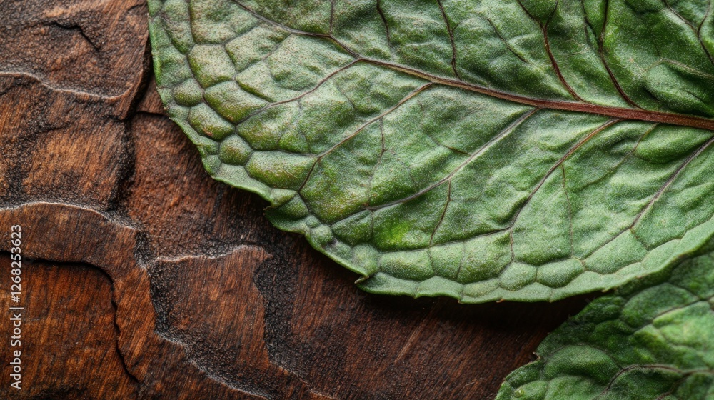 Obraz premium Close-Up of Fresh Green Leaf on Textured Wooden Surface
