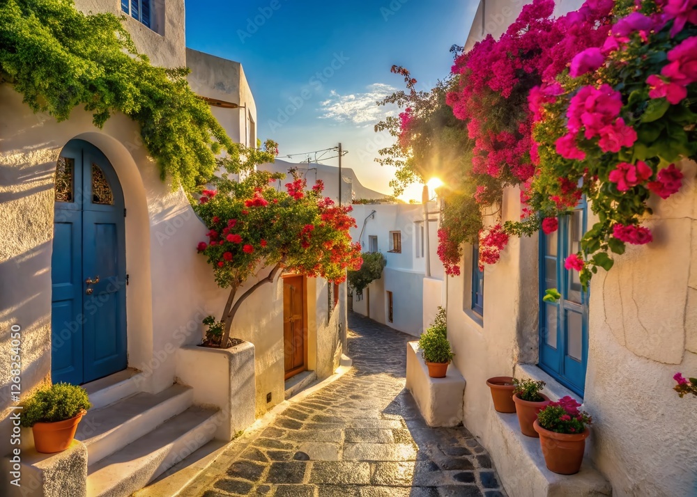 Fototapeta premium Narrow alleyway, whitewashed houses, Pyrgos Santorini, Greece. Sun-drenched Cycladic architecture, charming village.