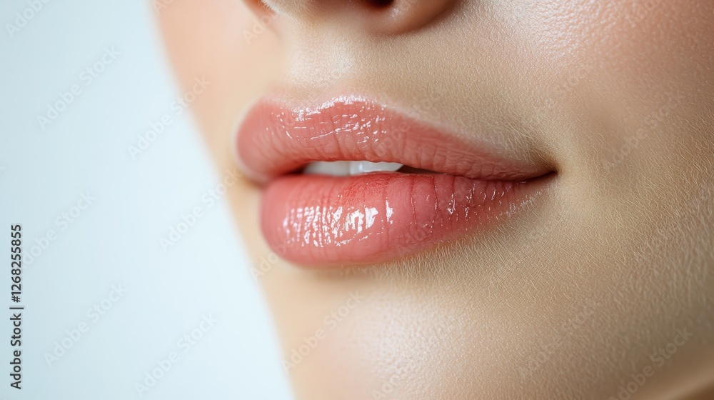 Obraz premium A close-up image focusing on lips with a glossy, natural red tint. The lighting gently illuminates the smooth texture of the lips, with soft shadows accentuating the contours