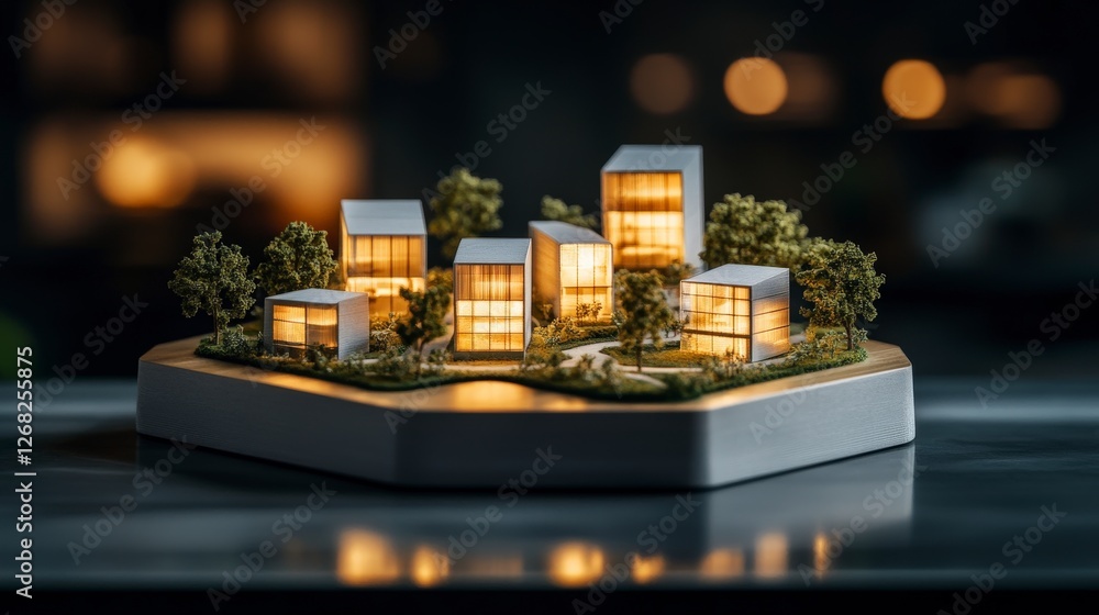 Detailed Model of Modern Eco-Friendly Houses with Warm Light on a Table Surrounded by Trees and Ambient Background