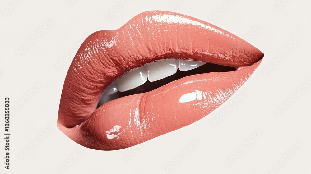 A close-up of lips with natural makeup, featuring a subtle red lipstick and glossy finish. The soft lighting brings out the smooth texture of the lips A close-up of lips with natural makeup, featuring a subtle red lipstick and glossy finish. The soft lighting brings out the smooth texture of the lips