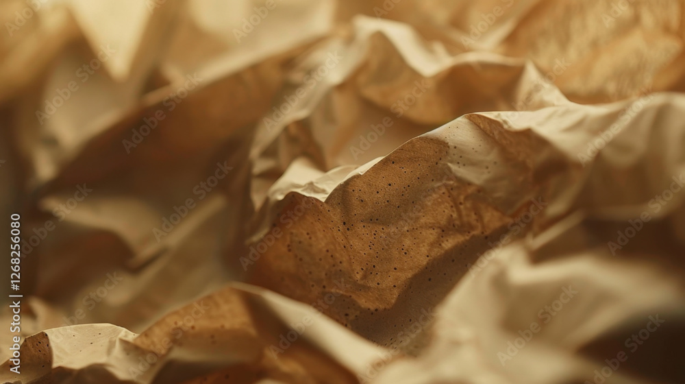 Crumpled brown paper texture with intricate folds and shadows, creating warm and organic feel. Ideal for backgrounds or artistic projects Crumpled brown paper texture with intricate folds and shadows, creating warm and organic feel. Ideal for backgrounds or artistic projects