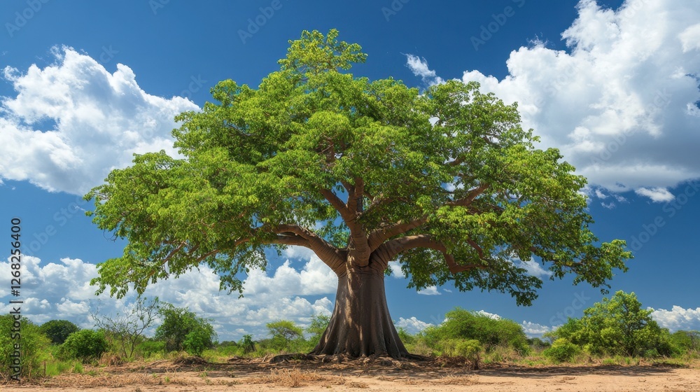 Majestic Baobab Tree Under Bright Blue Sky with White Clouds Majestic Baobab Tree Under Bright Blue Sky with White Clouds